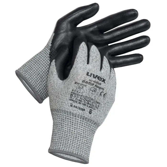 uvex Unidur 6659 Foam Cut Protection Gloves, Palm and Fingertips Coated, Gray & Black - 60938